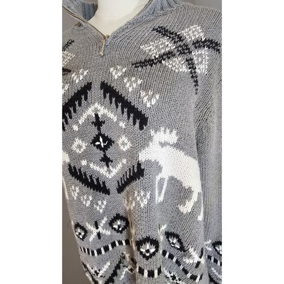 Timberlea Vintage Gray Knit Zip Sweater Reindeer Holiday Christmas Winter Sz L - Picture 2 of 9